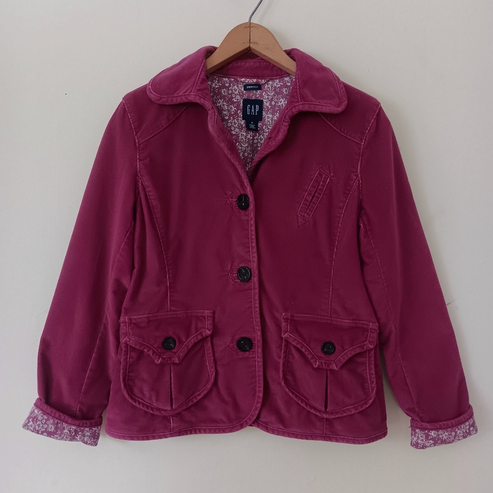GAP Women's Rose Pink Classic Tailored Corduroy Blazer with Floral Lining 4